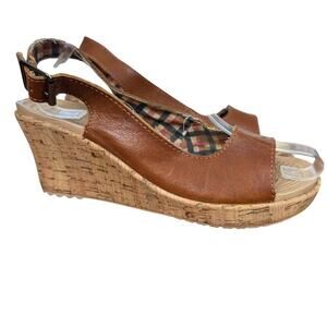 Crocs A-Leigh Leather Brown Cork Wedge Slingback Open Toe Sandals Shoes sz 7